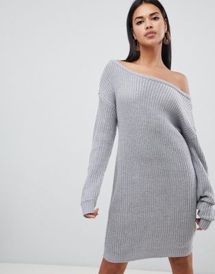 gray off the shoulder sweater dress
