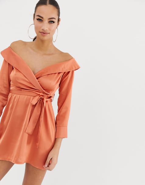 Missguided off shoulder midi dress in peach satin