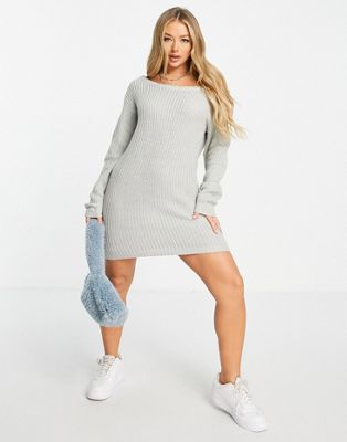 off shoulder mini jumper dress in grey - GREY