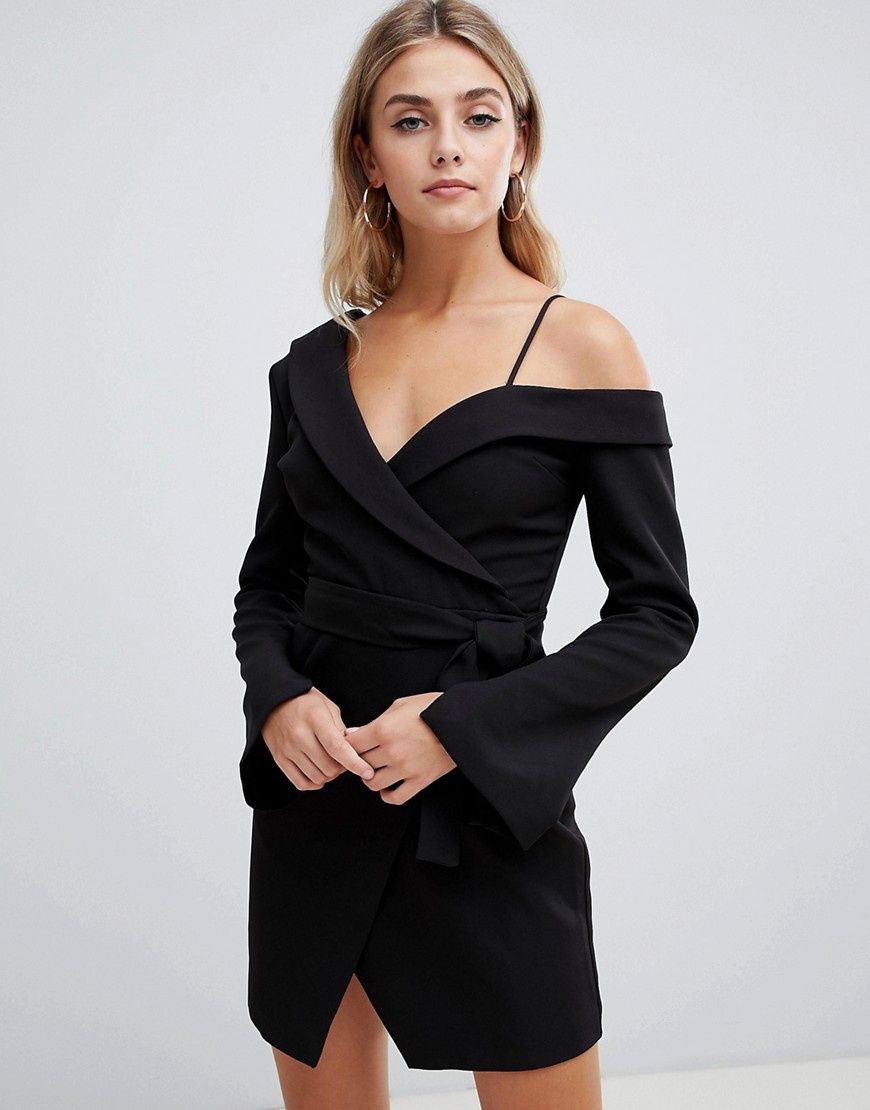 Missguided off shoulder tux dress in black-White