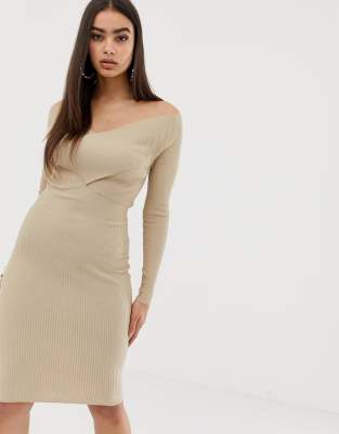 ribbed off shoulder midi dress