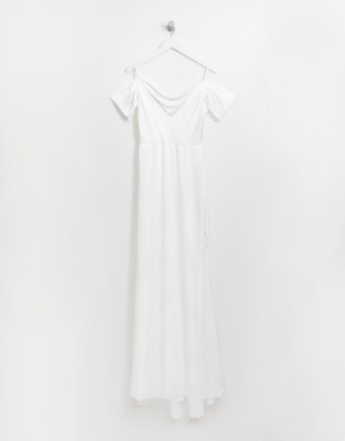 missguided off the shoulder fishtail maxi dress in white