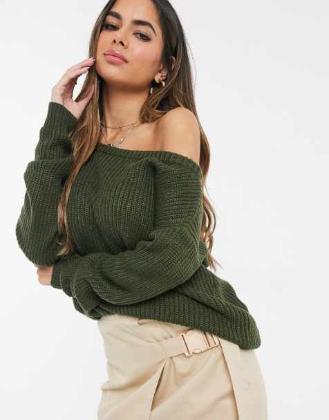 Missguided off the shoulder jumper in khaki
