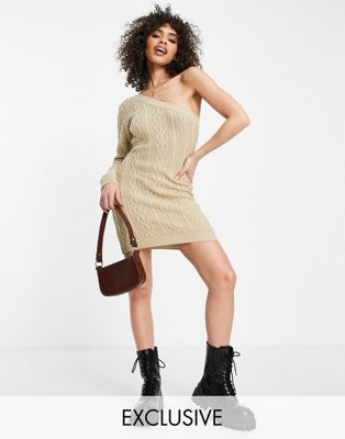 Missguided one shoulder cable knit dress in sand