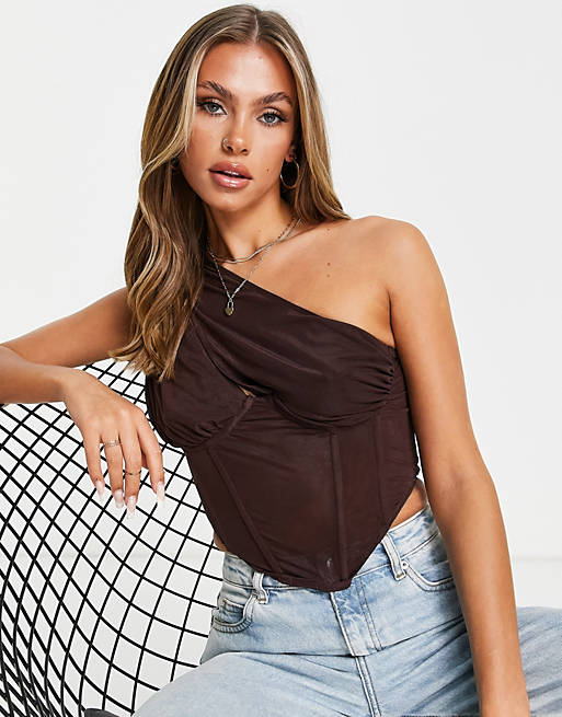  Missguided one shoulder corset top in brown 