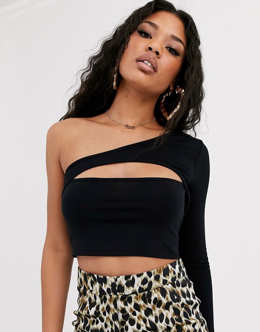 Missguided one shoulder crop top with peek a boo cut out in black