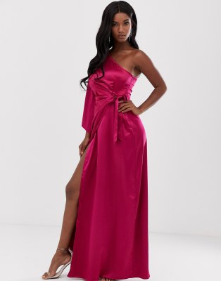 one shoulder wrap side slit maxi dress