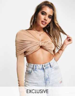 Missguided One Shoulder Knot Front Crop Top In Beige Part Of A