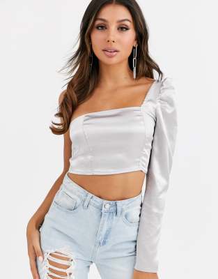 one shoulder silver top