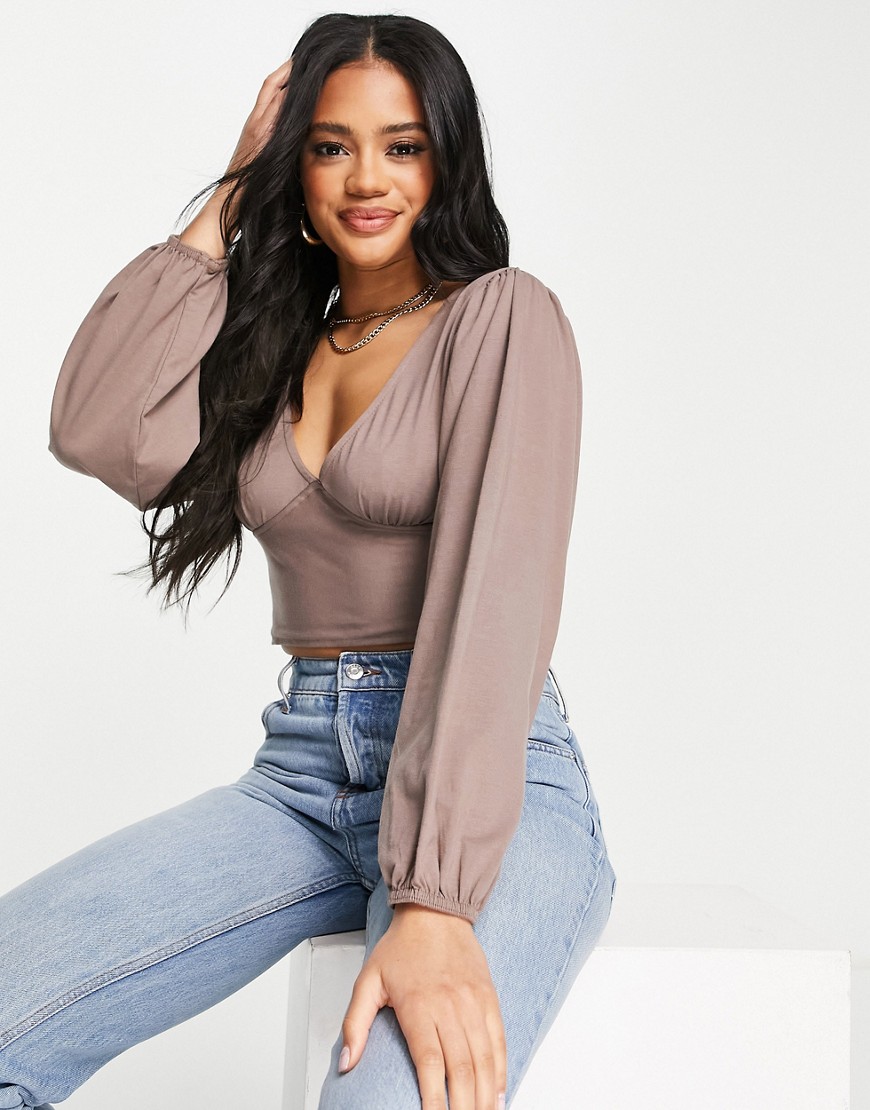 Missguided open back long sleeve crop top with puff sleeve in gray