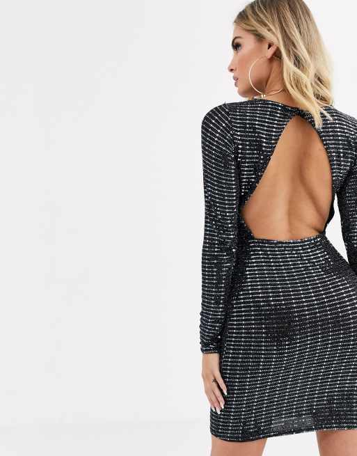long sleeve open back sequin dress