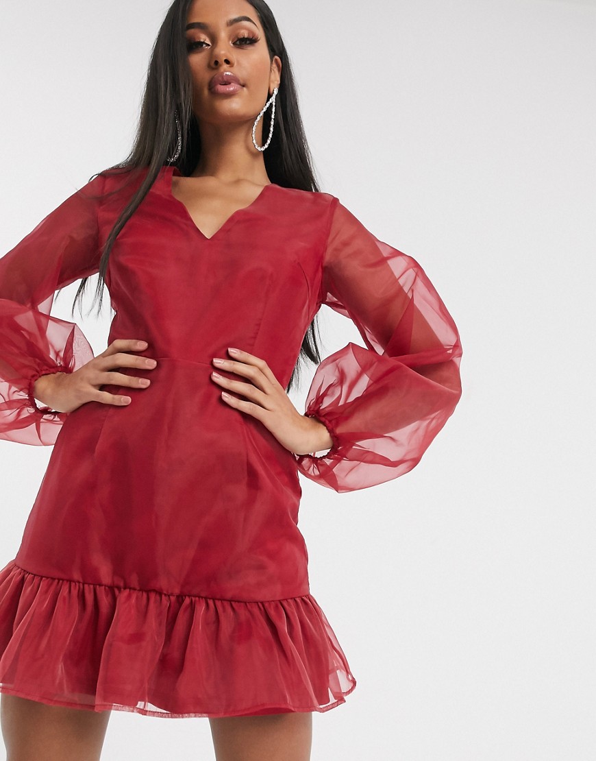 Missguided organza mini dress with puff sleeves in red-Multi