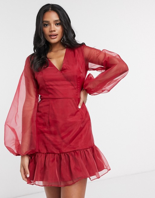 Missguided organza puff sleeve dress in red