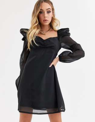 puff sleeve mini dress black
