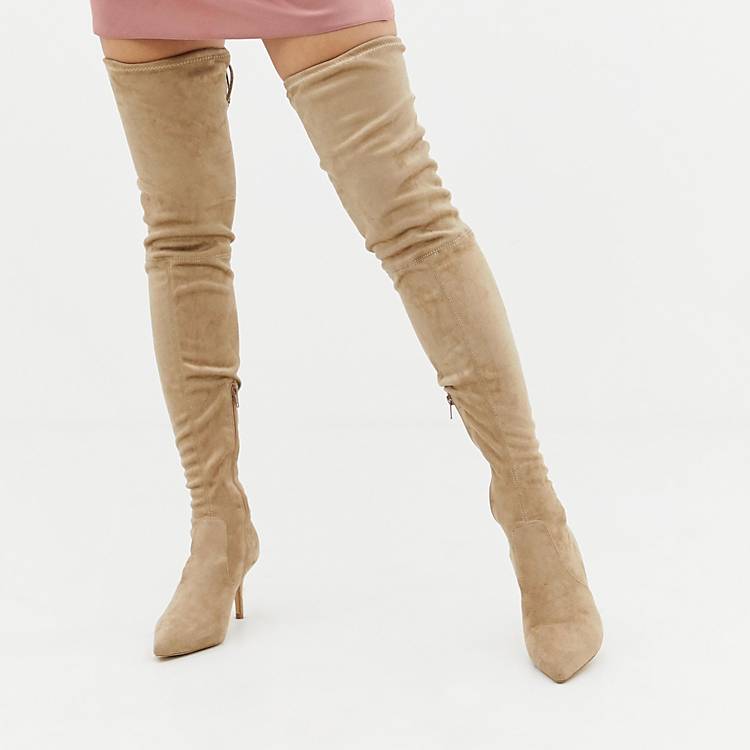 Missguided the knee faux suede boots in beige | ASOS