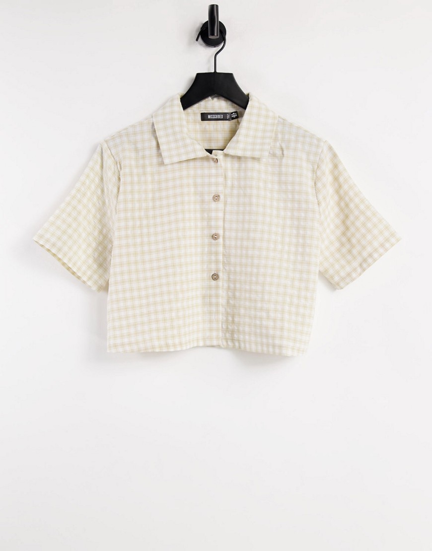 Missguided - Overhemd in linnenlook met gingham ruit in crème, deel van combi-set-Wit