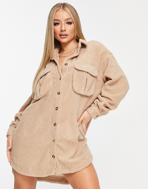 Missguided oversized borg shirt dress in stone