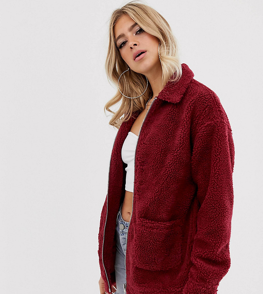 Missguided oversized borg zip through jacket-Red