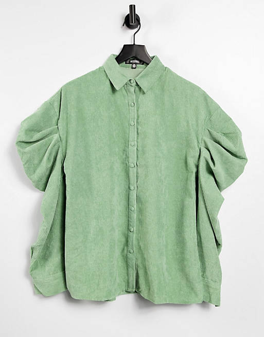 Missguided oversized cord shirt with volume sleeve in sage