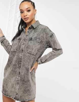 Missguided oversized denim shirt dress in gray acid wash-Black