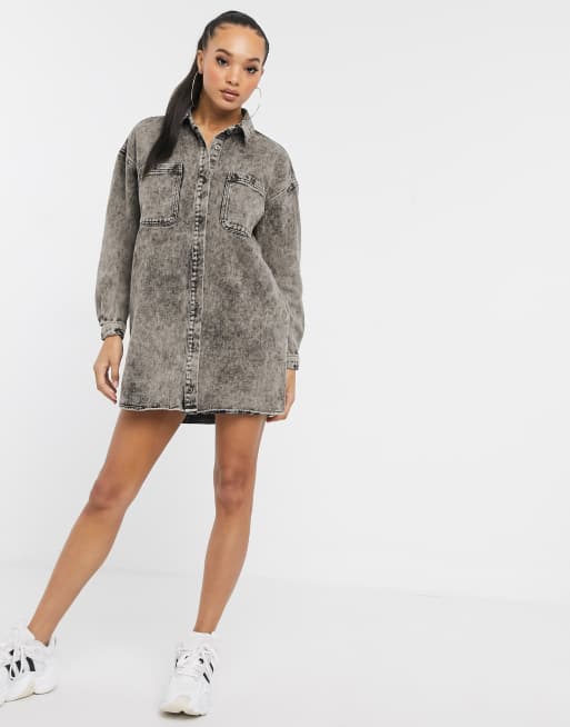 Missguided oversized denim shirt dress in grey acid wash | ASOS