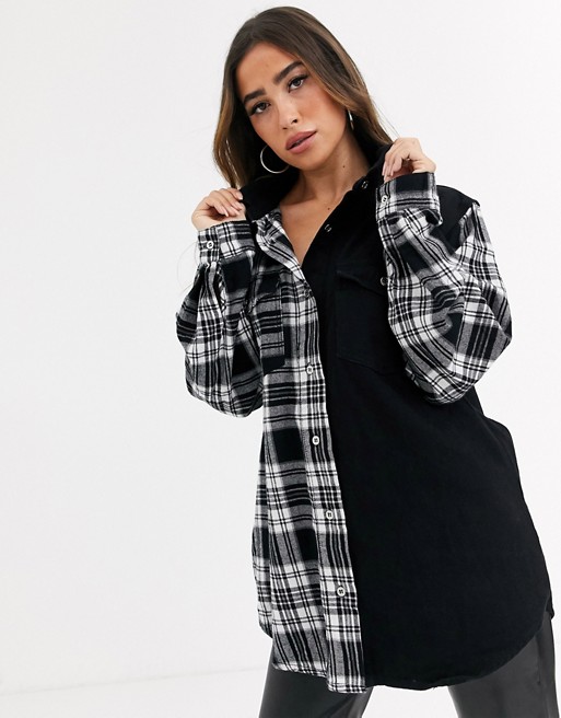Missguided oversized denim shirt with mixed check print
