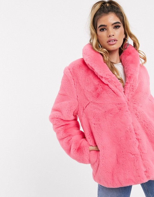 Missguided oversized fur duster coat in pink