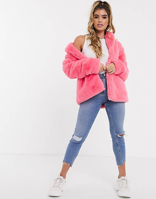 Missguided Oversized Fur Duster Coat In, Missguided Oversized Fur Duster Coat In Pink