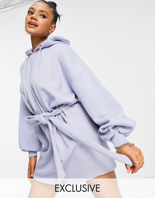 Missguided oversized hooded sweater dress with tie belt in lilac