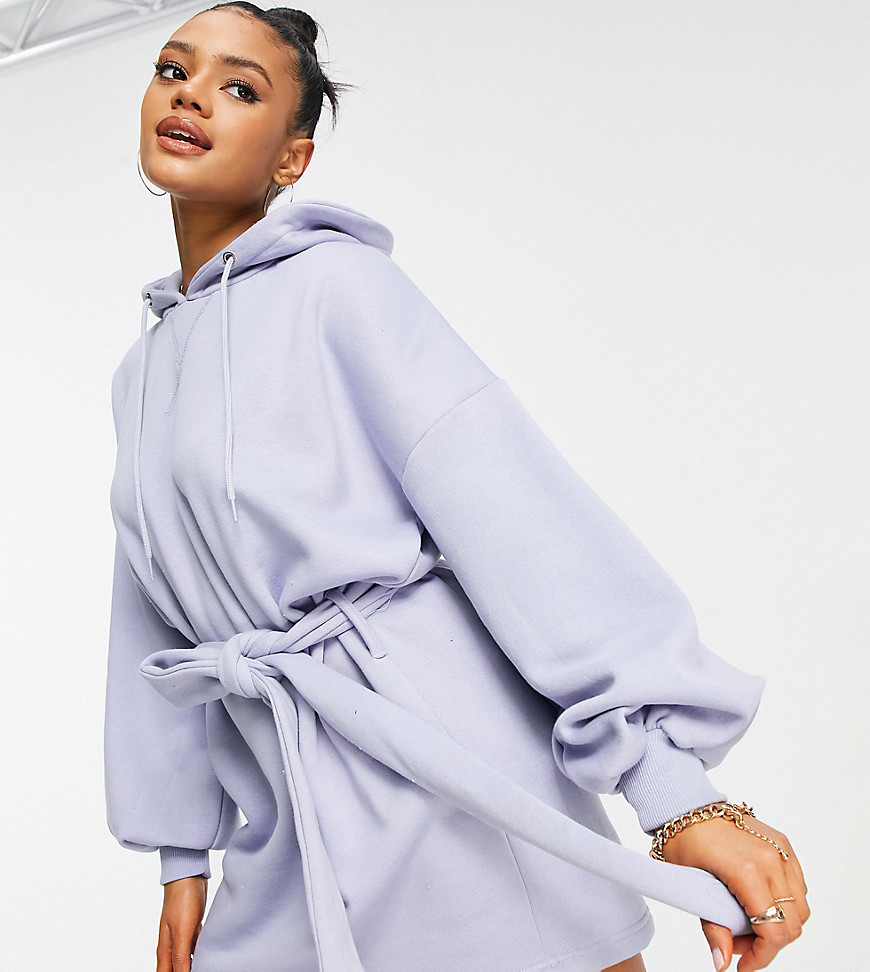 Missguided oversized hoodie dress with tie belt in lilac-Purple