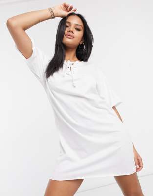 Missguided oversized lace up t-shirt dress in white