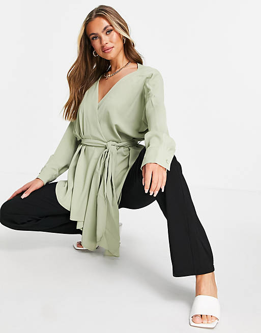 Missguided oversized plunge blouse with tie waist in green