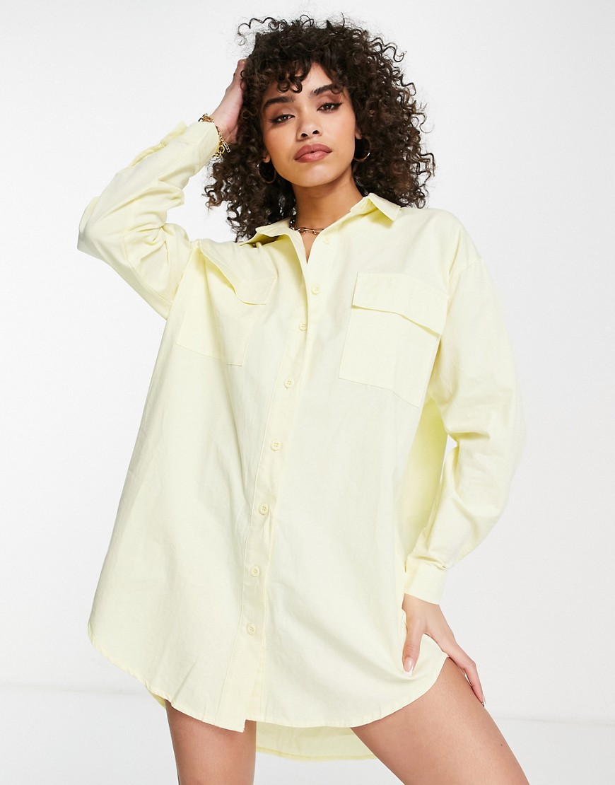 missguided oversized poplin shirt dress in lemon-yellow