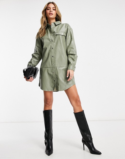 Missguided oversized PU shirt dress in sage