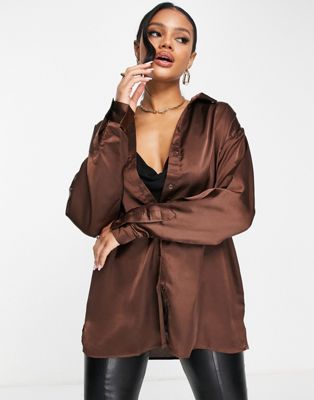Missguided oversized satin shirt in chocolate