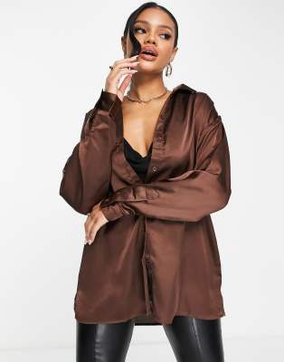 Missguided oversized satin shirt in chocolate