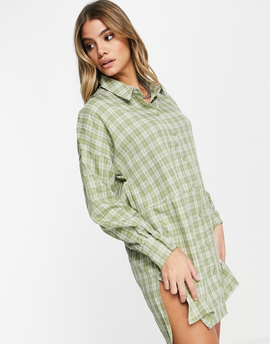 Missguided oversized shirt dress in sage gingham-Green