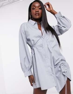 White Ruched Side Shirt Dress