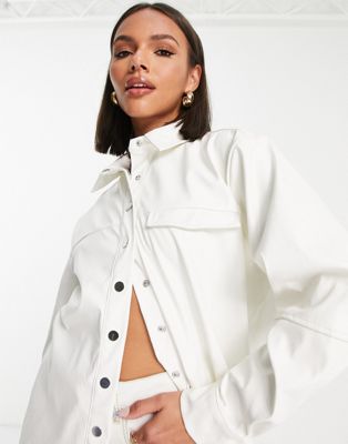 Missguided oversized shirt in cream faux leather