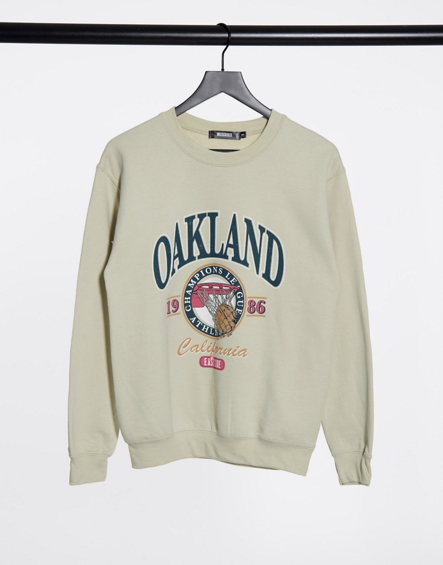Missguided oversized sweatshirt with 'Oakland' graphic in stone-Neutral