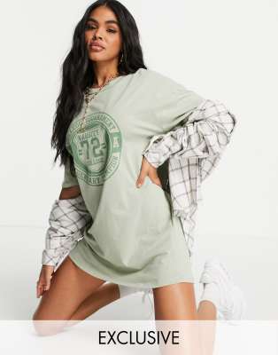 Missguided oversized t-shirt dress with sports logo in sage-Green