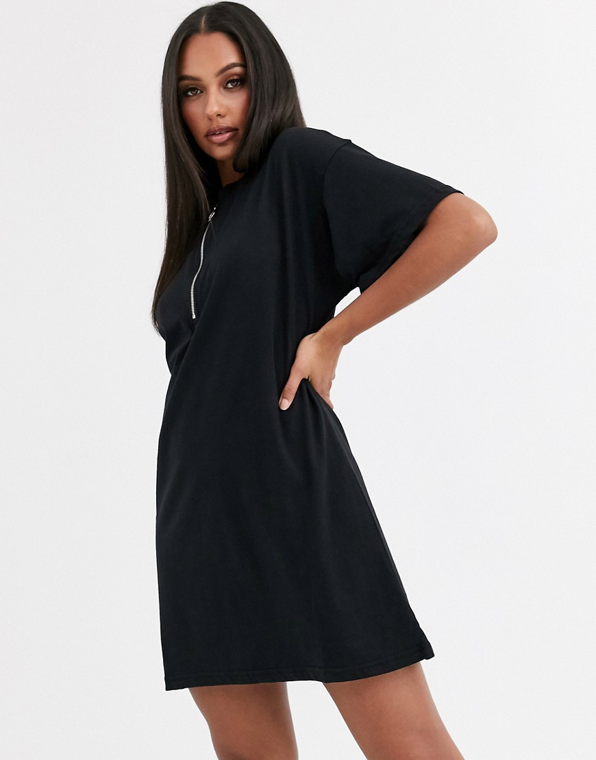 Missguided oversized t-shirt dress with zip neck in black