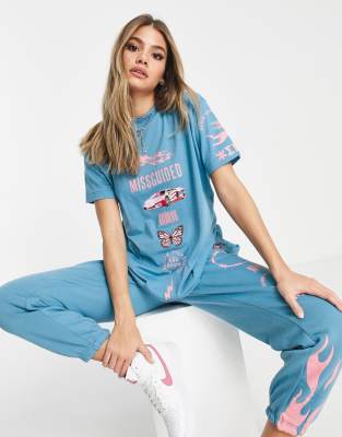 Missguided oversized t-shirt with butterfly graphic in blue