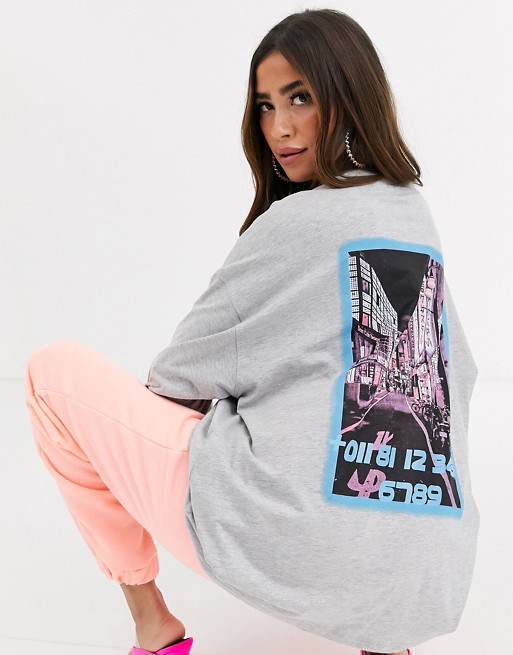 Missguided oversized t-shirt with city lights back print in grey