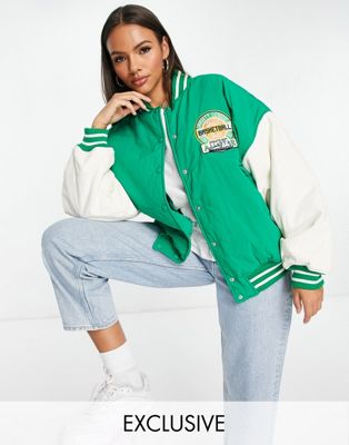 Missguided oversized varsity jacket in green