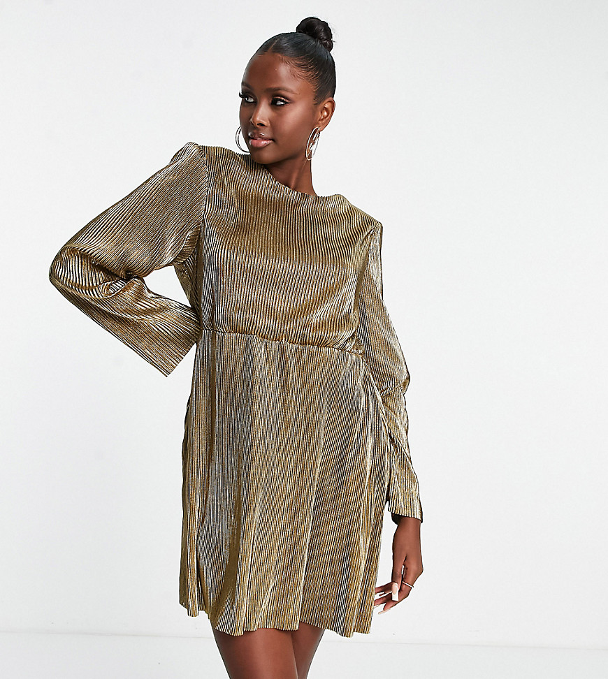 Missguided padded shoulder plisse mini dress in gold