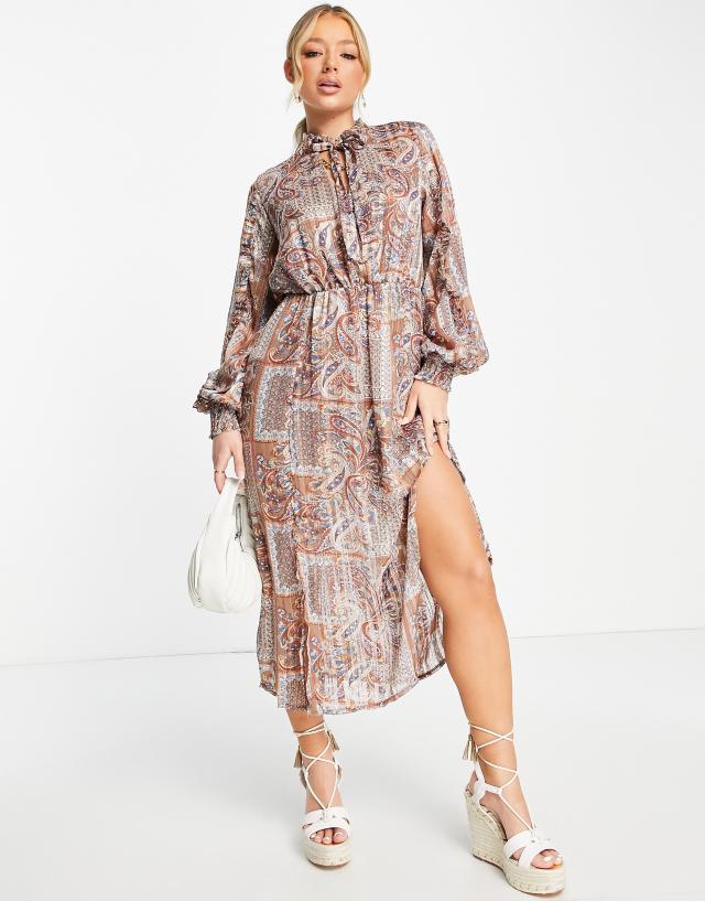 Missguided paisley print tie neck midaxi dress in pink