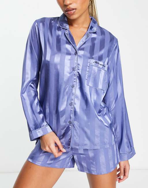 Missguided striped shirt and shorts pyjama set in blue, ASOS