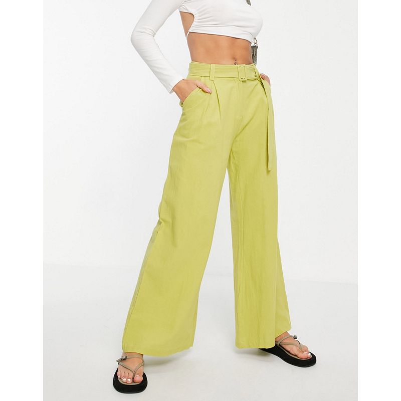 Donna Pantaloni con fondo ampio Missguided - Pantaloni salvia a fondo ampio effetto lino con cintura