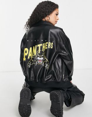 Missguided panthers faux leather coach jacket in black